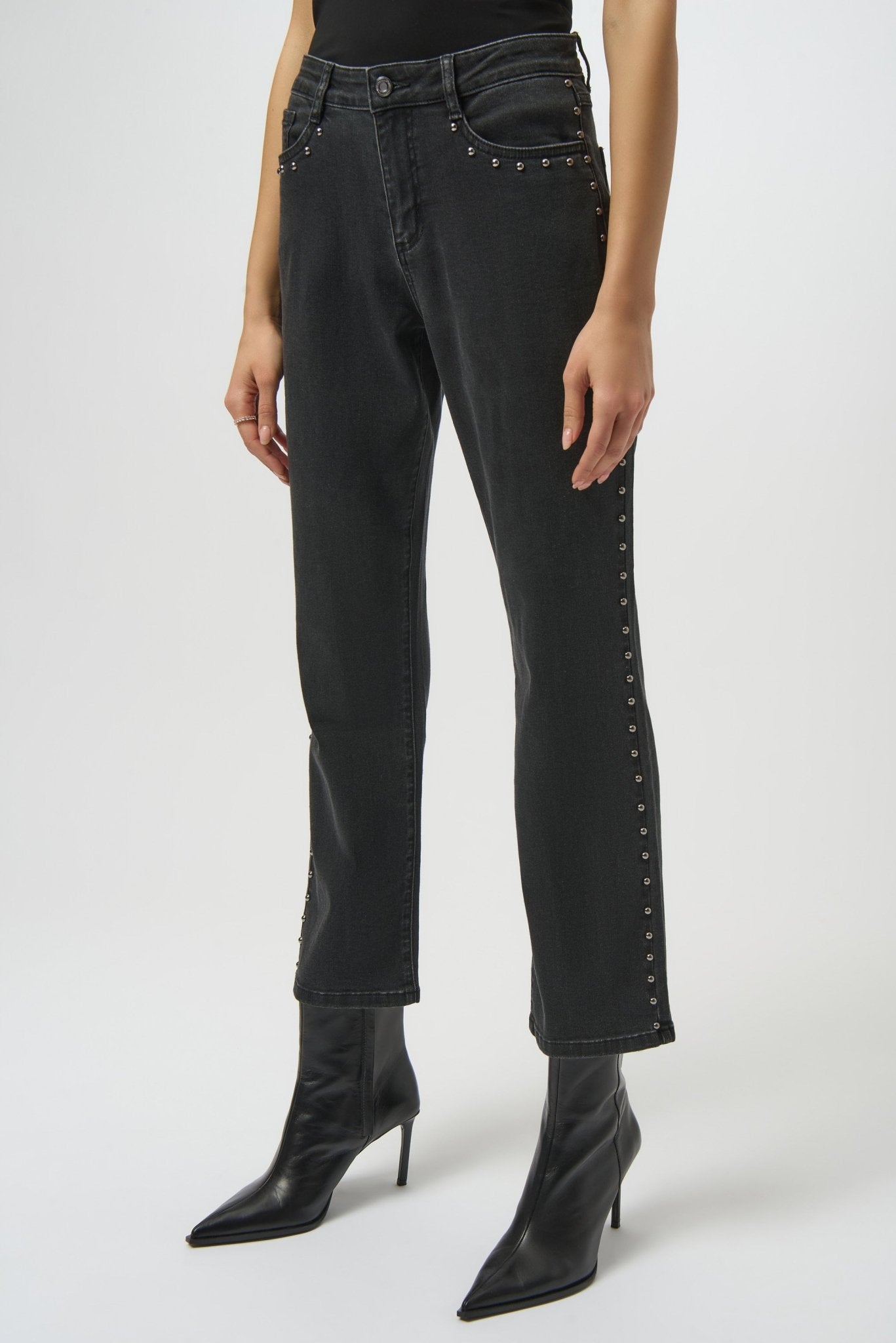 Joseph Ribkoff Studded Hem Straight-Leg Trousers| Chic Black Ankle Pants