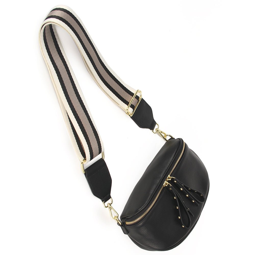 Shop Obsessed Leather Bumbag with Adjustable Strap | Black - Toffee Stripe Strap - Hi Ho & Co