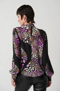 Shop Animal Print Georgette Top with Puff Sleeves Style 234174 | Black Multi - Joseph Ribkoff