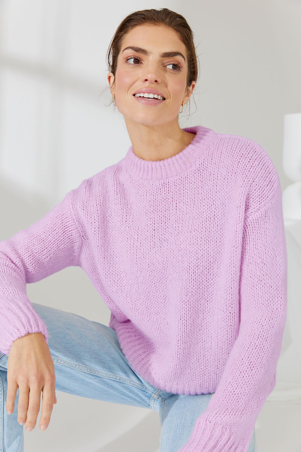 Shop Ari Crew Neck Cashmere Sweater | Mandarin or Violet - Mia Fratino