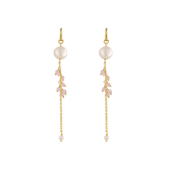 Shop Camellia Earrings with Pearls & Rose Quartz - Bianc