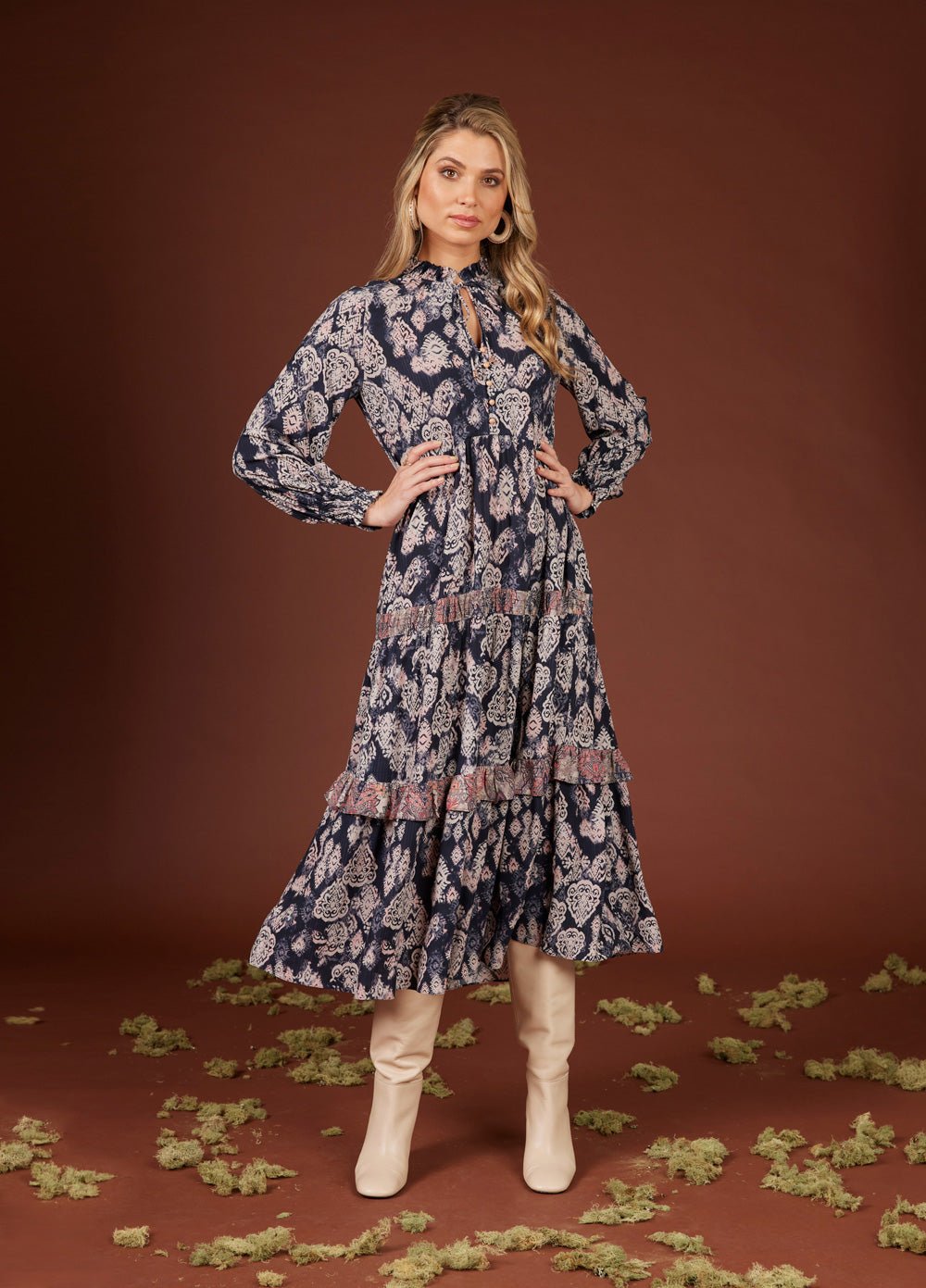 Shop Devotion Tiered Midi Dress | Indigo Multi - Loobies Story