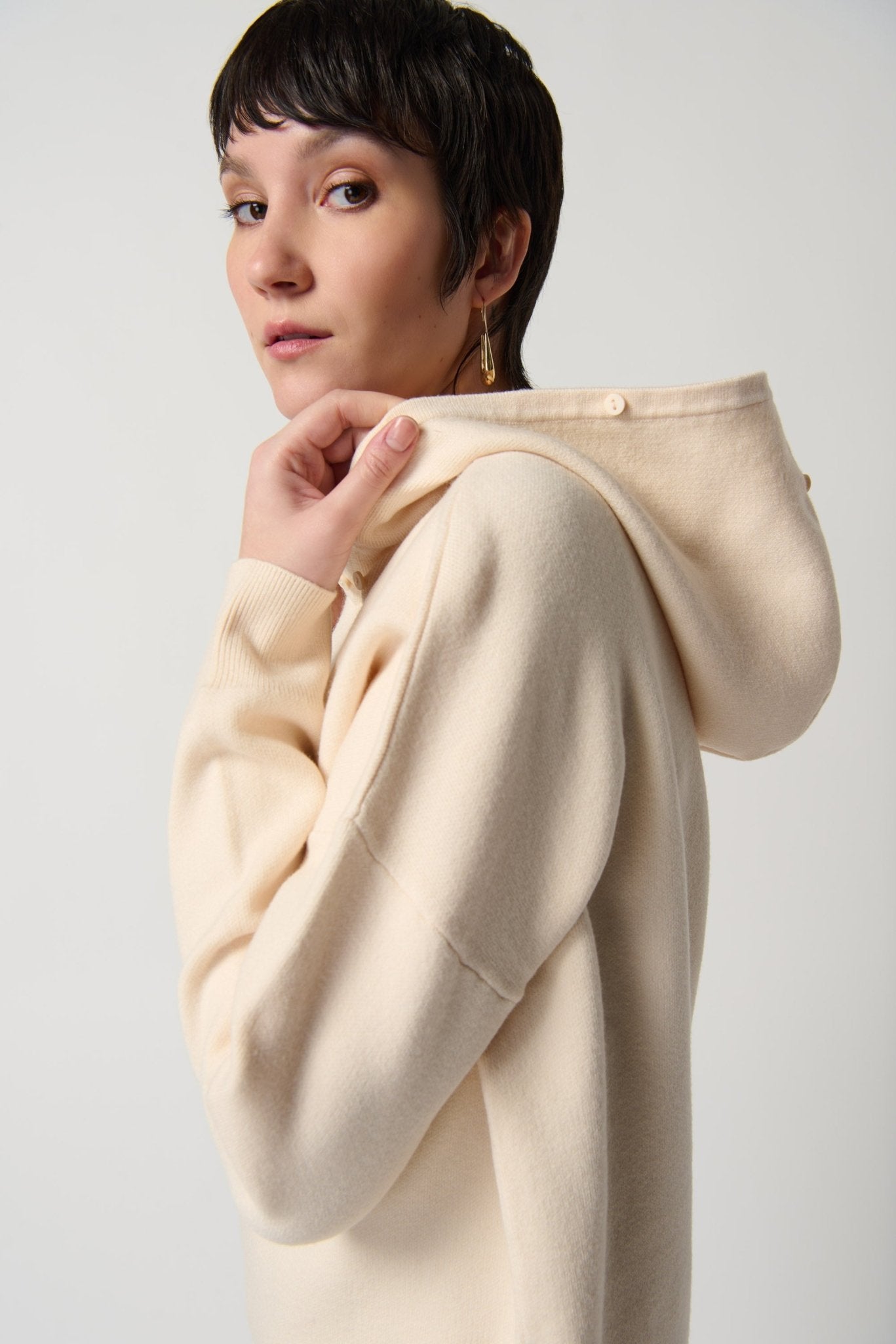 Shop Sweater With Faux Fur Hood & Pompoms Style 234921 │ Almond - Joseph Ribkoff