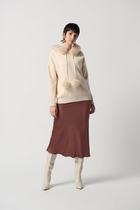 Shop Sweater With Faux Fur Hood & Pompoms Style 234921 │ Almond - Joseph Ribkoff