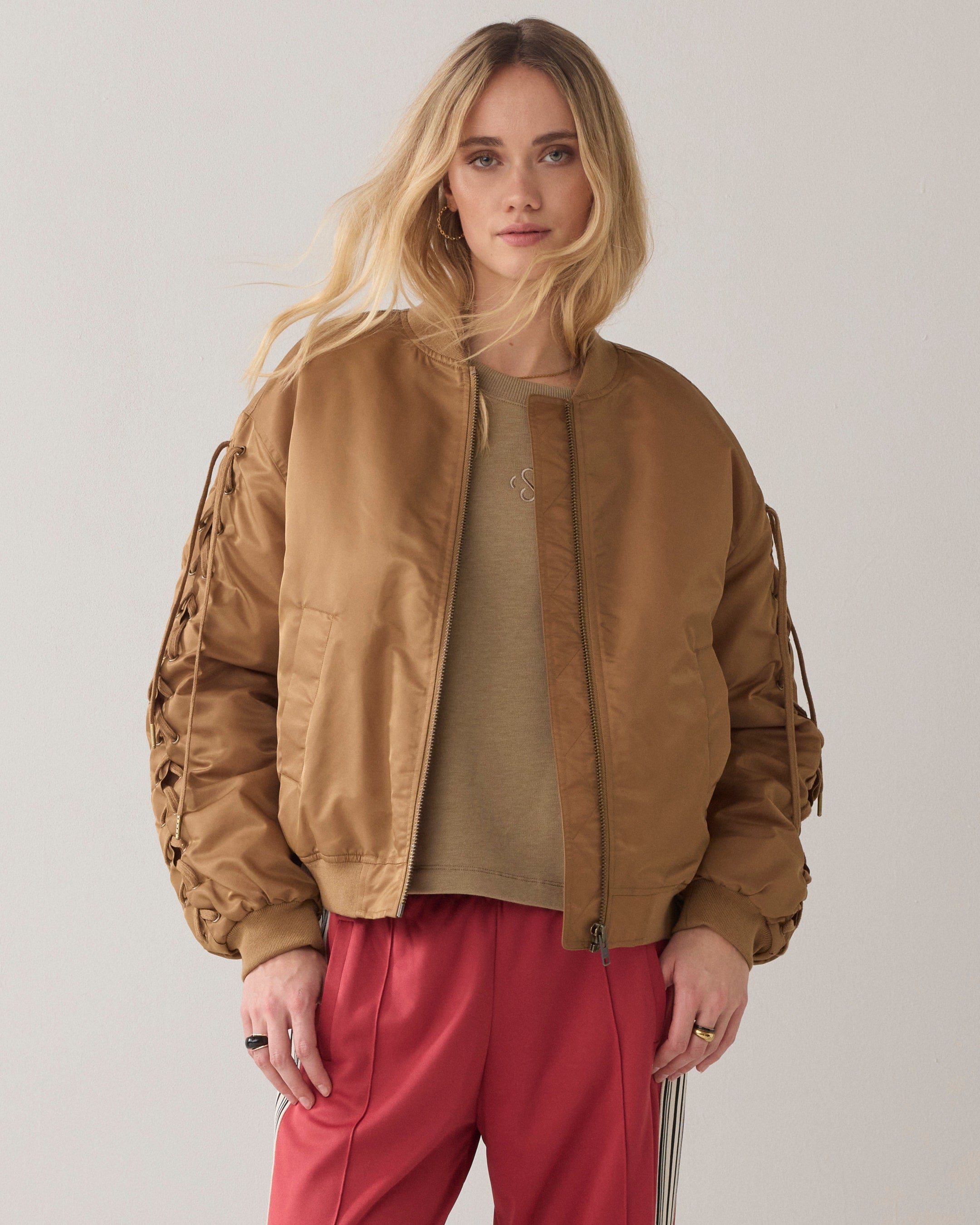 Summum Woman Bomber Jacket with Lace-Up Detail