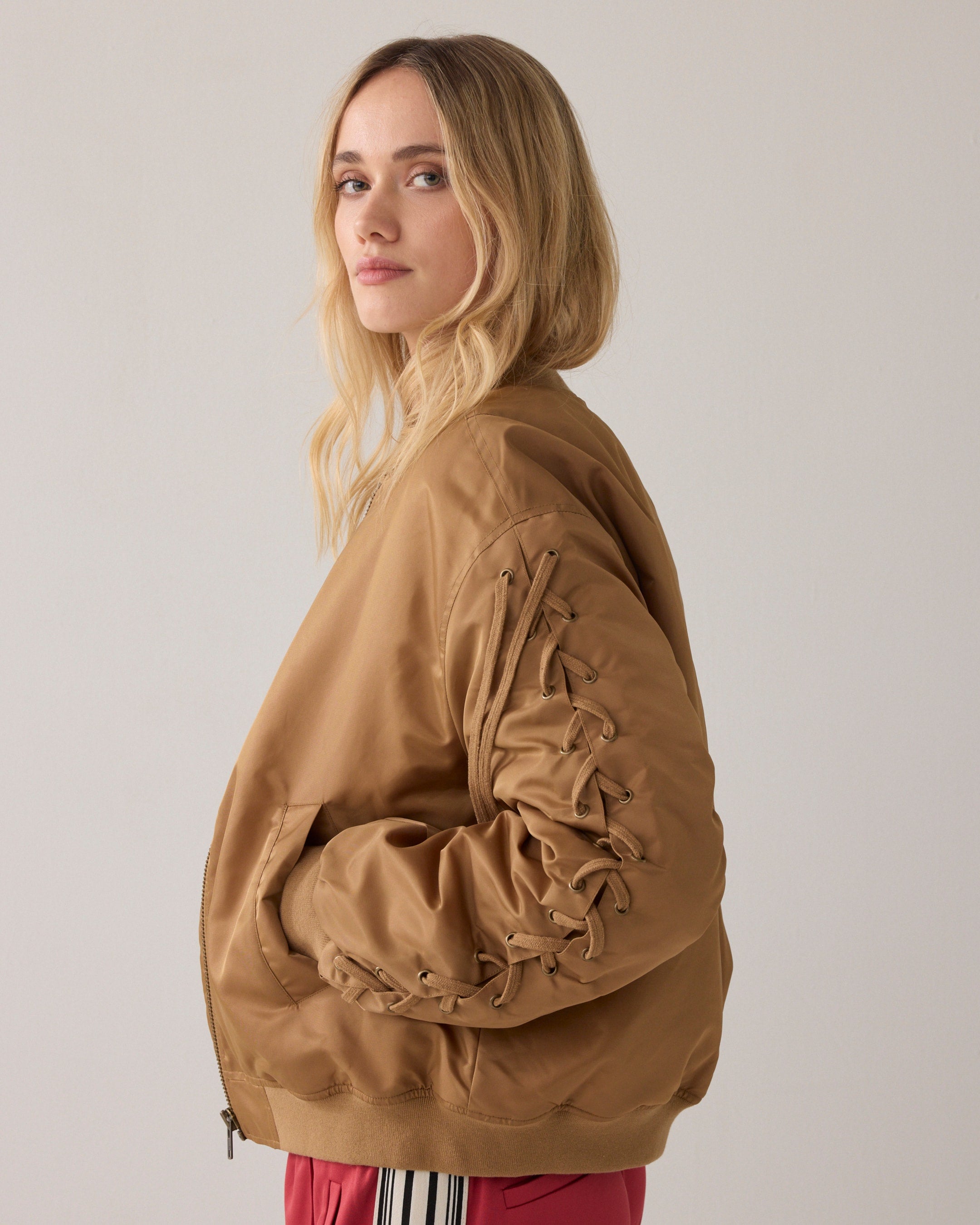Summum Woman Bomber Jacket with Lace-Up Detail