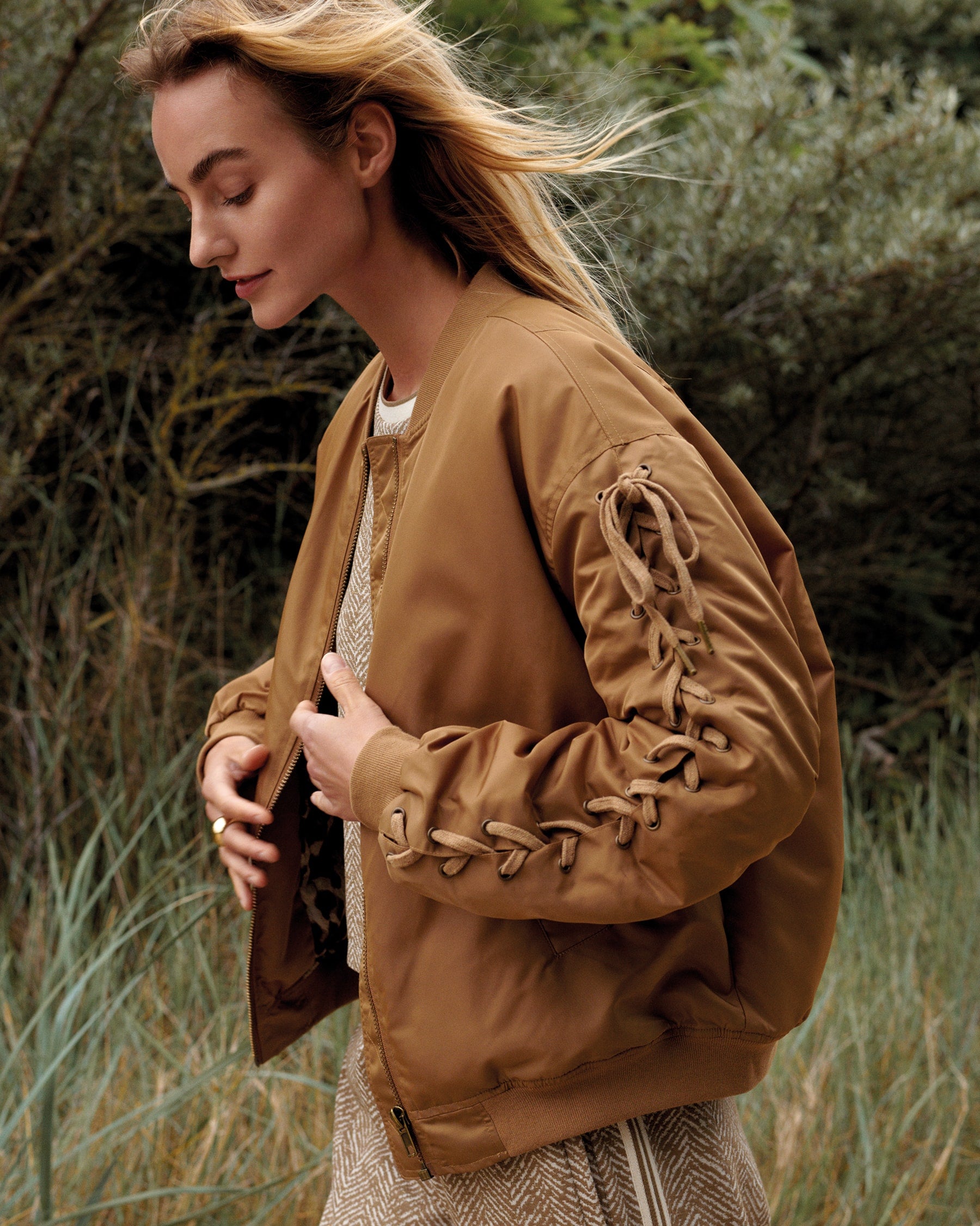 Summum Woman Bomber Jacket with Lace-Up Detail