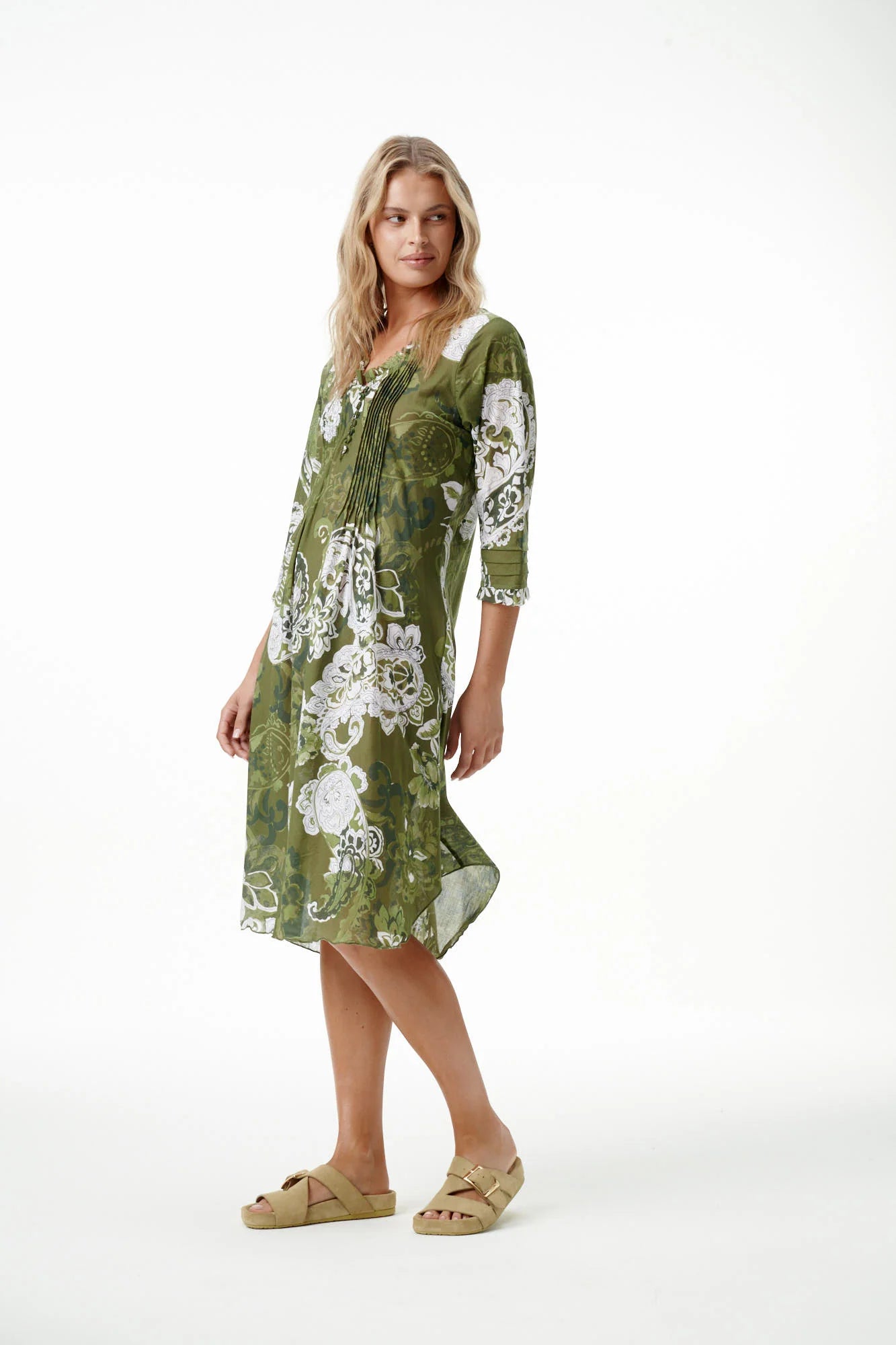 Oneseason Middy Poppy Cotton Dress in Khaki Swirl