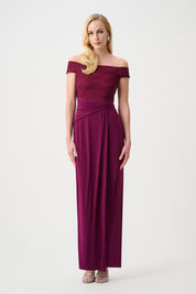 Joseph Ribkoff Signature | Silky Knit & Cascade Off-Shoulder Sheath Gown