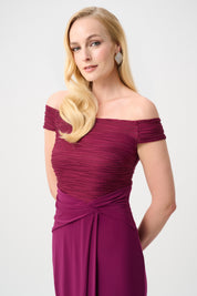 Joseph Ribkoff Signature | Silky Knit & Cascade Off-Shoulder Sheath Gown