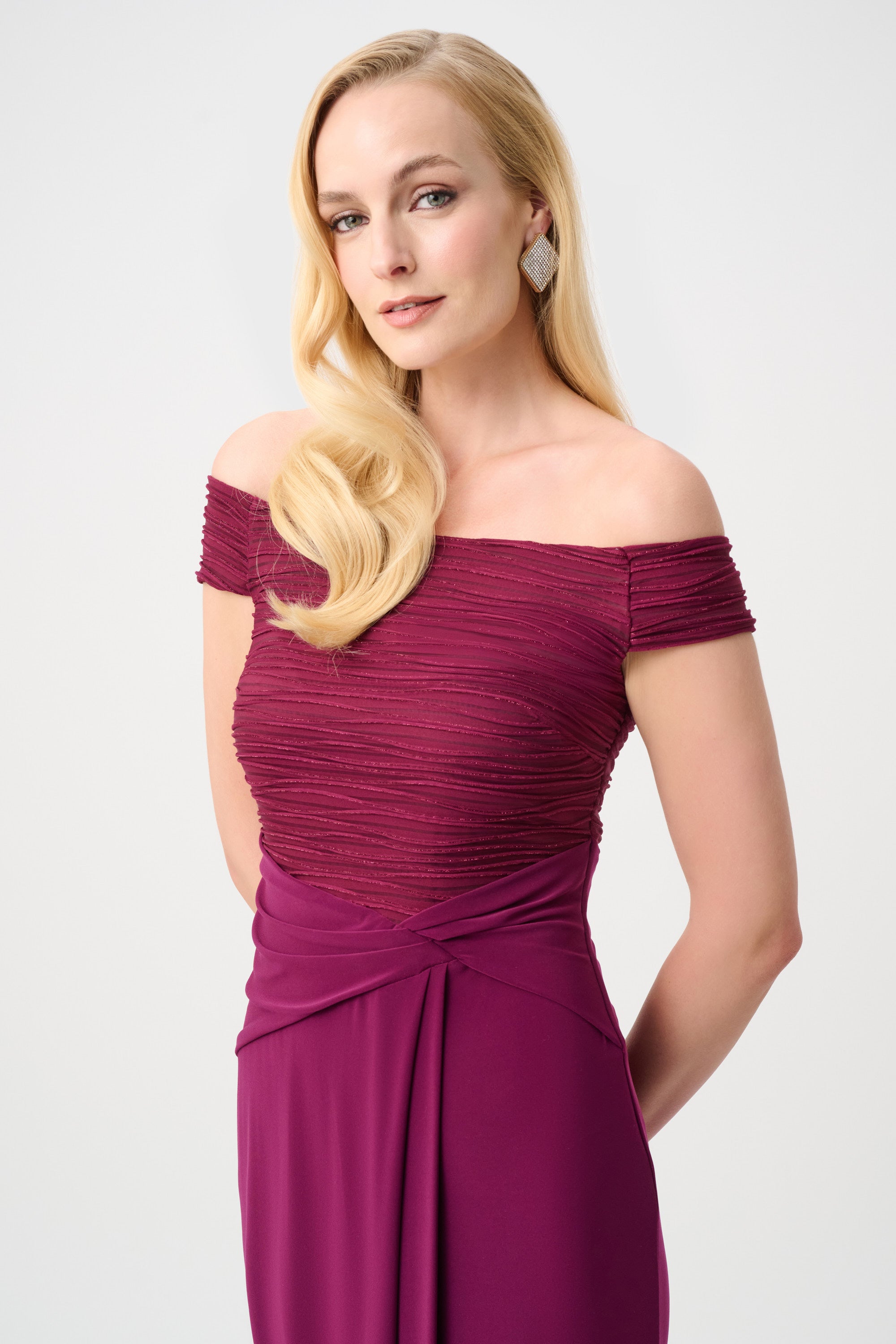 Joseph Ribkoff Signature | Silky Knit & Cascade Off-Shoulder Sheath Gown