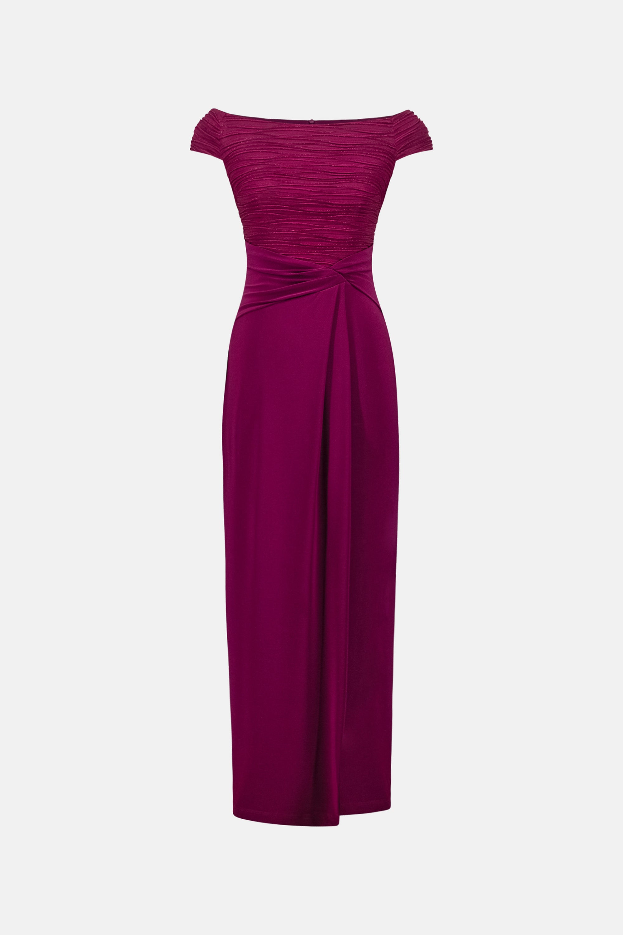 Joseph Ribkoff Signature | Silky Knit & Cascade Off-Shoulder Sheath Gown