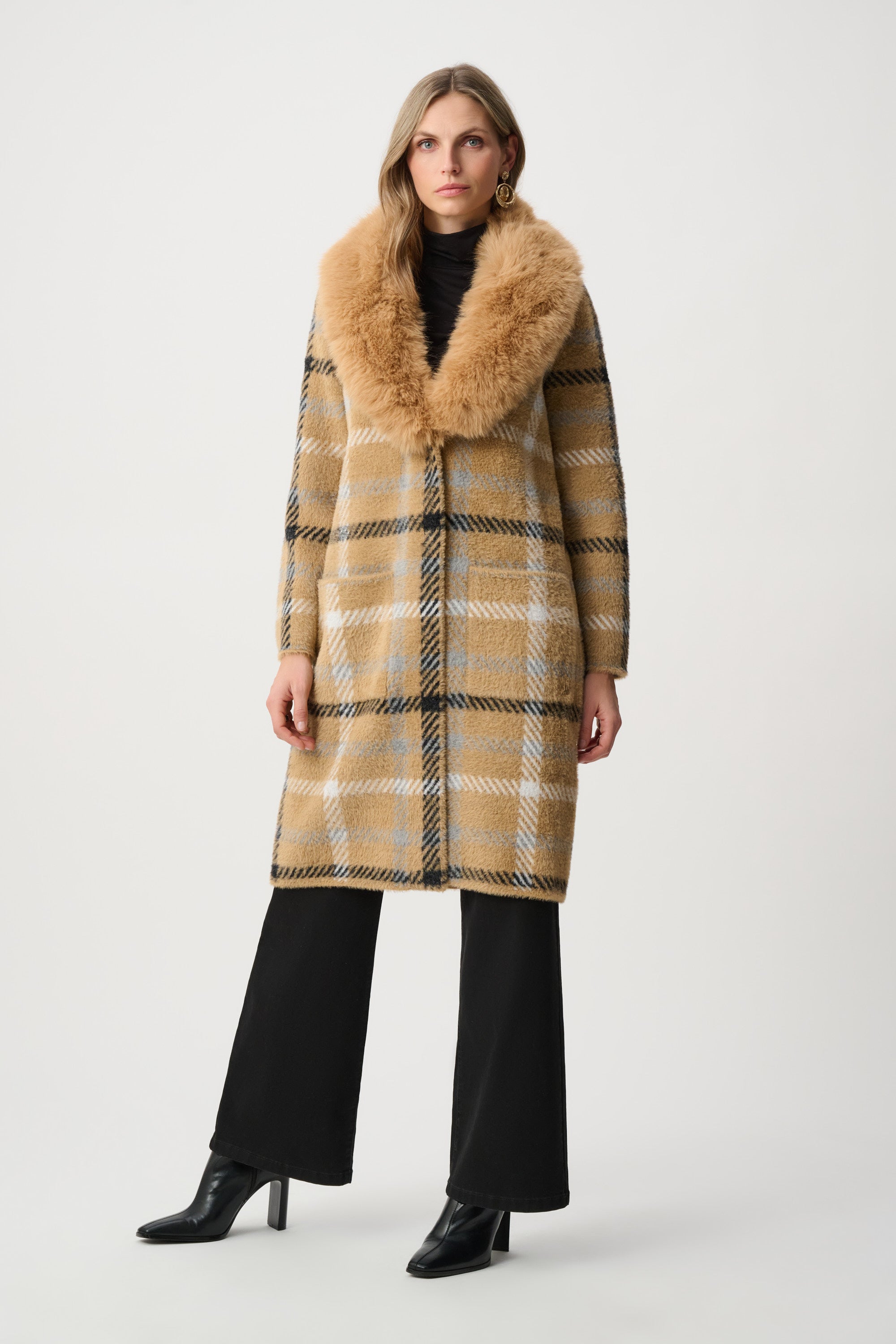 Joseph Ribkoff Feather Yarn Plaid Coat With Detachable Faux Fur Collar