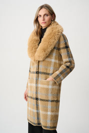 Joseph Ribkoff Feather Yarn Plaid Coat With Detachable Faux Fur Collar