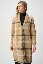 Joseph Ribkoff Feather Yarn Plaid Coat With Detachable Faux Fur Collar