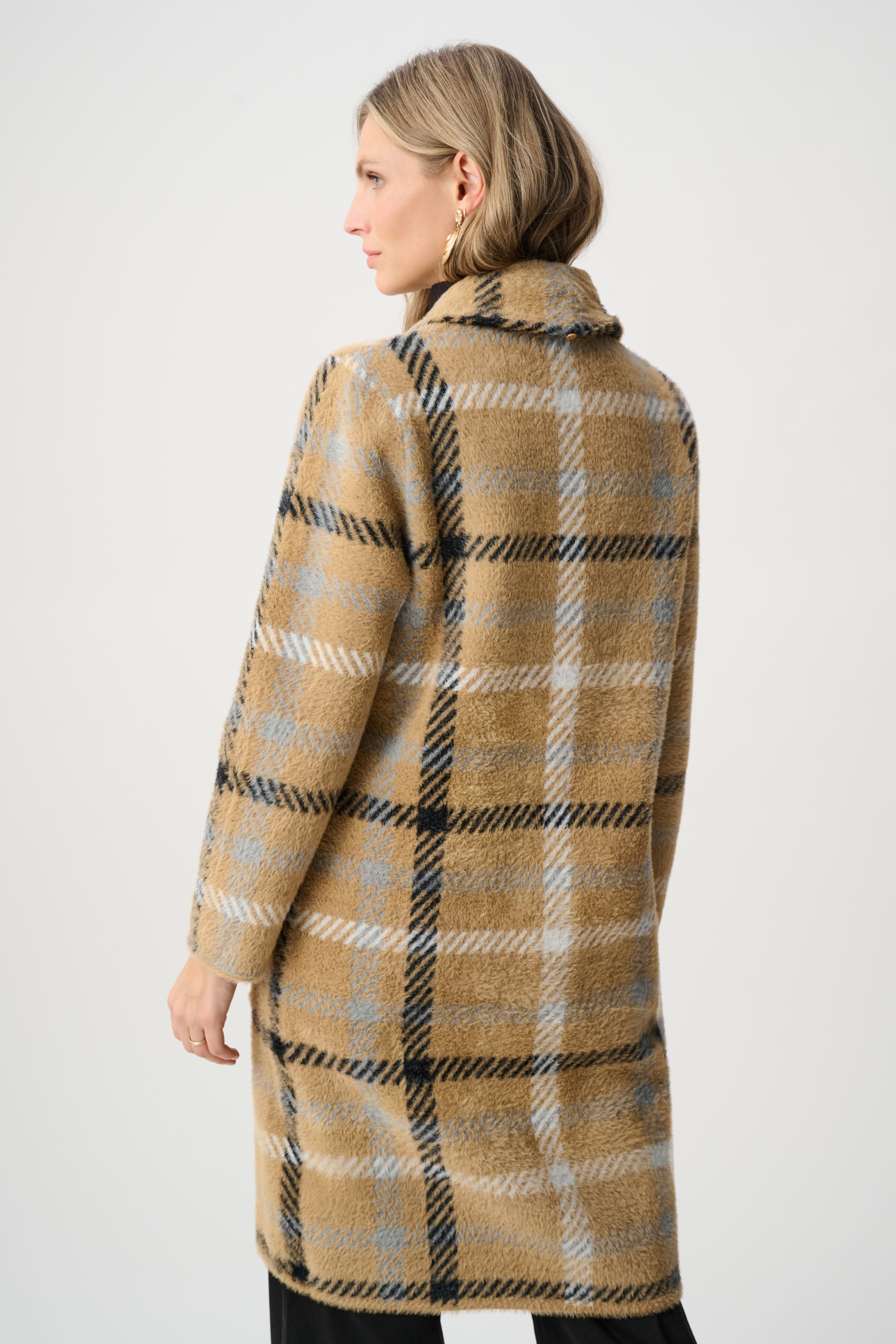 Joseph Ribkoff Feather Yarn Plaid Coat With Detachable Faux Fur Collar