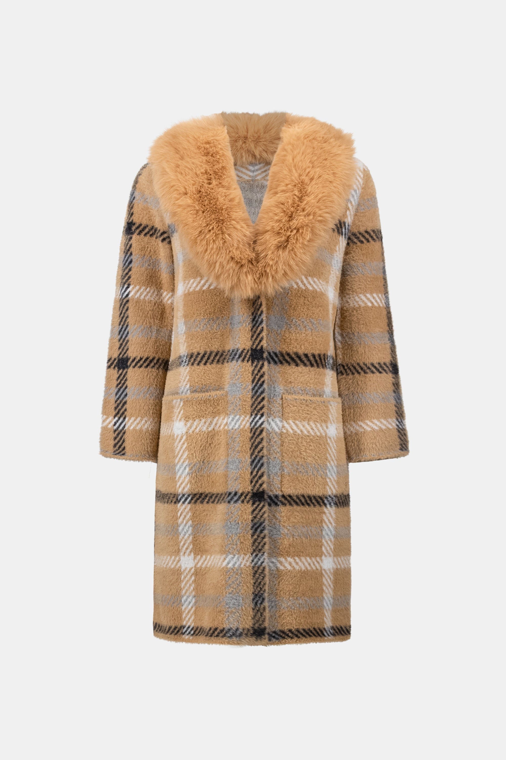 Joseph Ribkoff Feather Yarn Plaid Coat With Detachable Faux Fur Collar