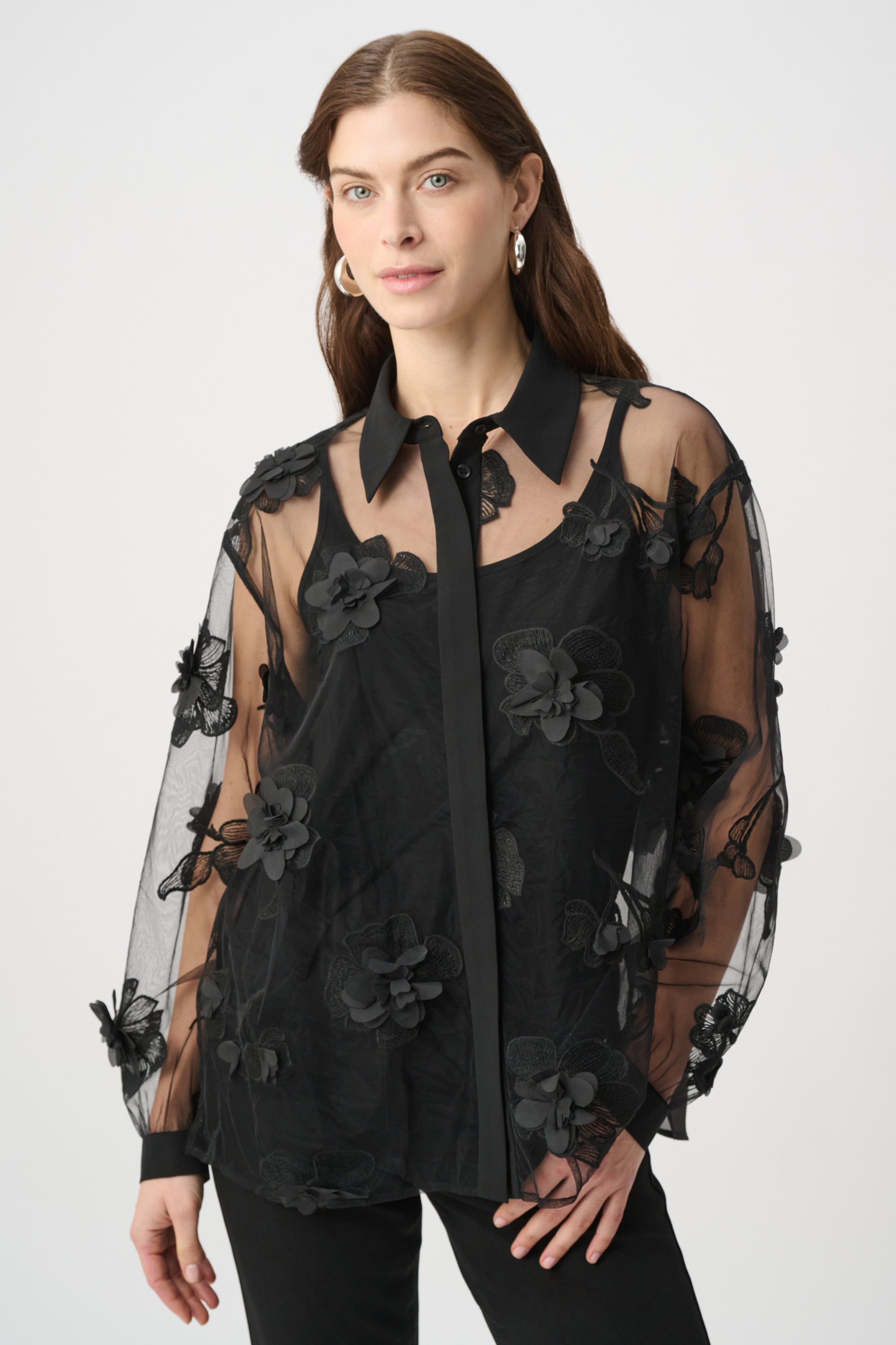 Joseph Ribkoff Sheer Textured Flower Appliqué Blouse 264945