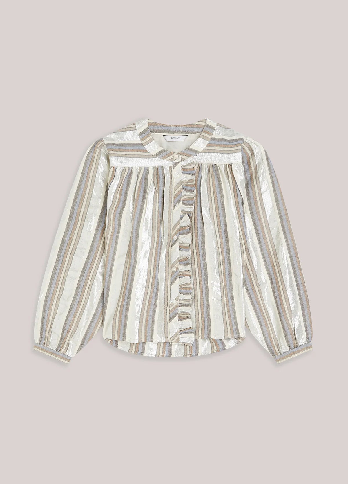 A long-sleeve blouse with silver lurex stripe featuring a ruffled front detail, shown against a solid light gray background.