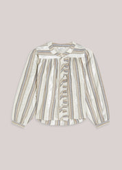 A long-sleeve blouse with silver lurex stripe featuring a ruffled front detail, shown against a solid light gray background.