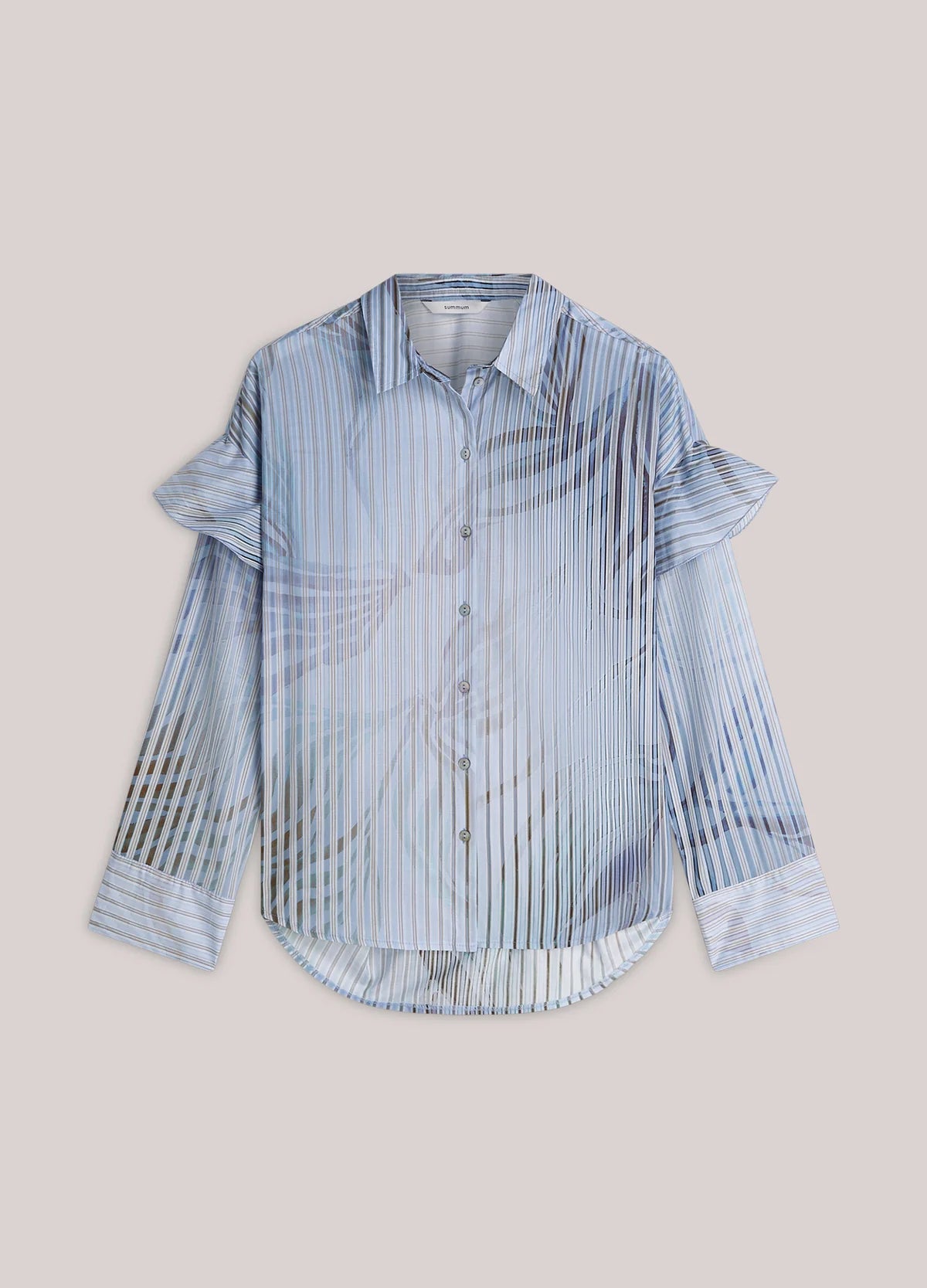 A light blue and white striped button-up shirt with a subtle palm leaf print, featuring ruffled shoulder details and a curved hem, displayed flat against a solid beige background.