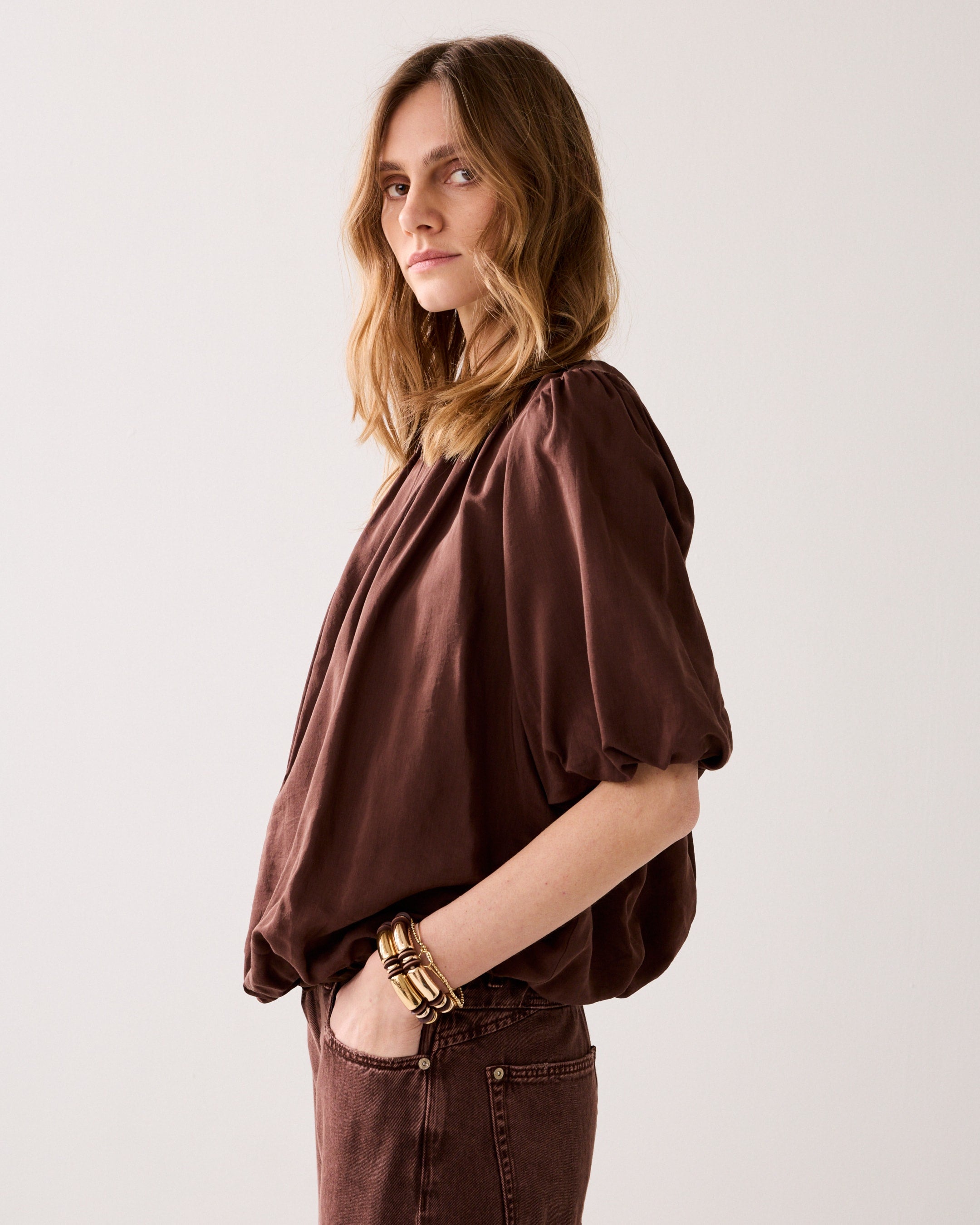 Summum Woman Balloon Sleeve Top Coffee