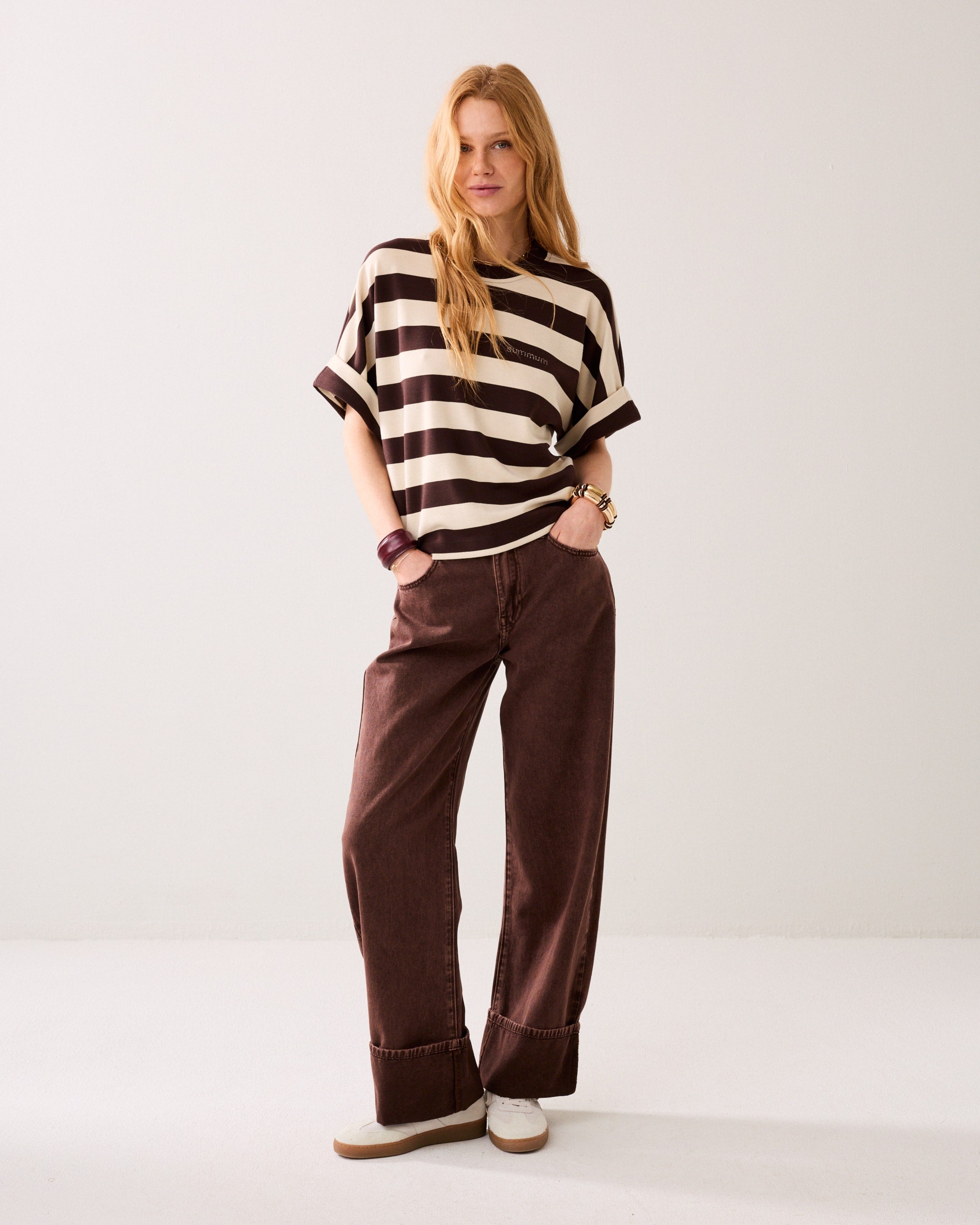 Summum Woman Heavy Stripe Boxy Tee Coffee