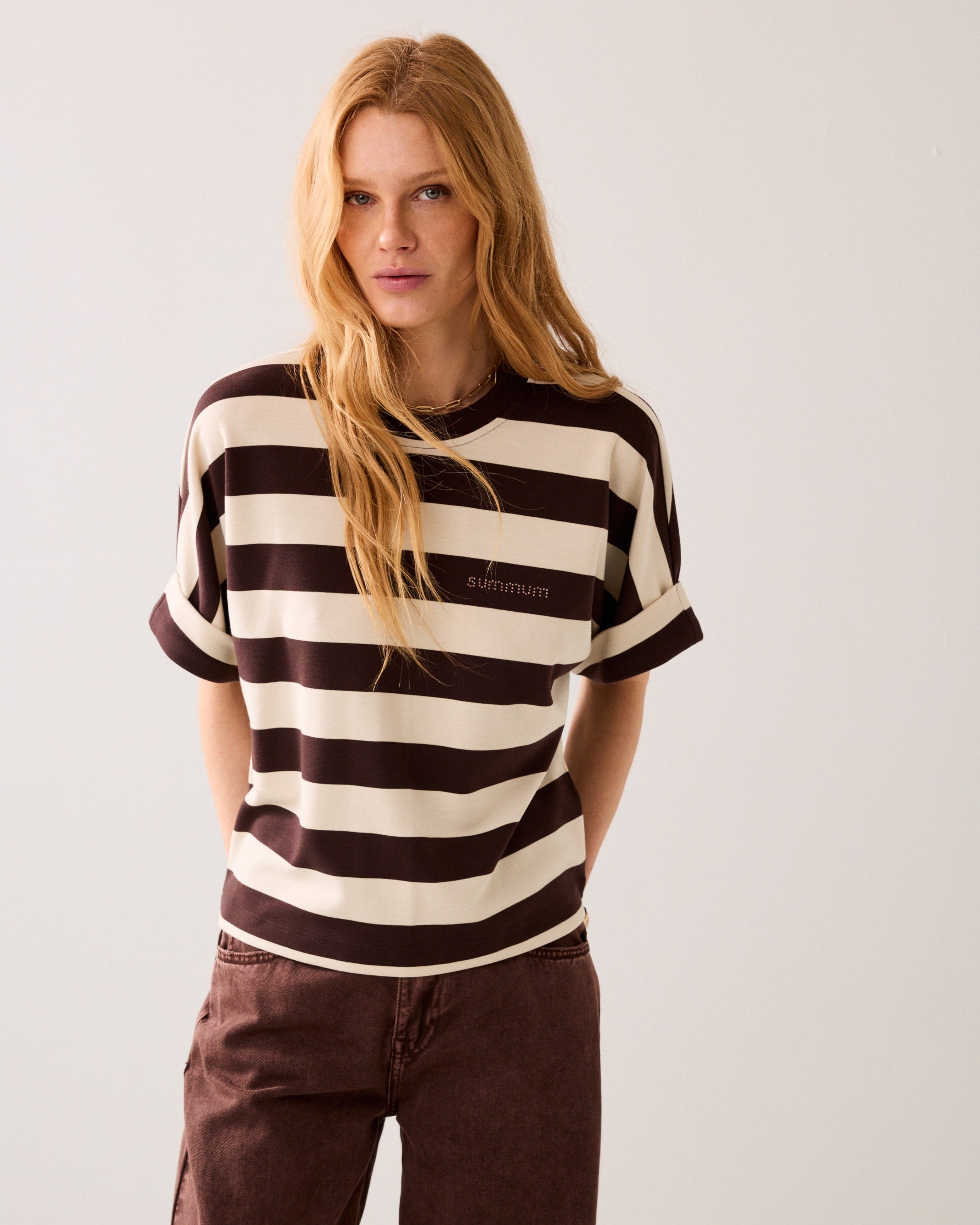 Summum Woman Heavy Stripe Boxy Tee Coffee