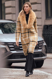 Joseph Ribkoff Feather Yarn Plaid Coat With Detachable Faux Fur Collar
