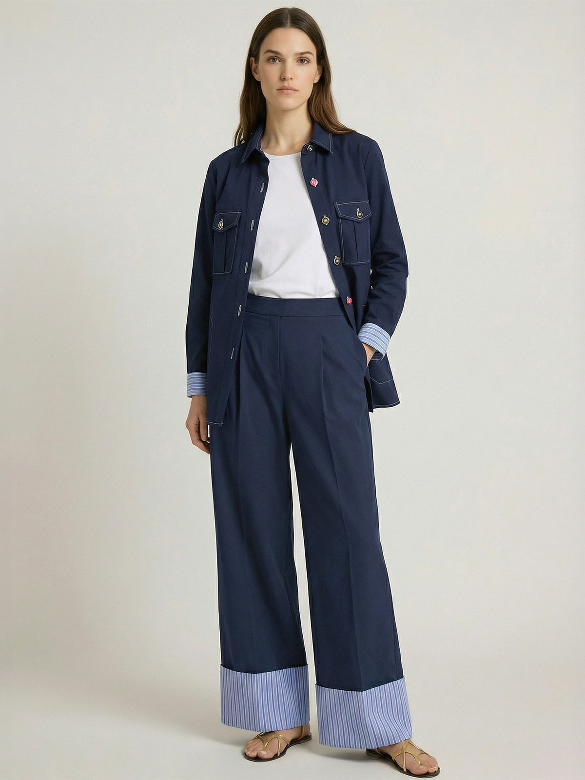 Vilagallo Frederica Navy Blue Stretch Embroidered Jacket with Colored Buttons