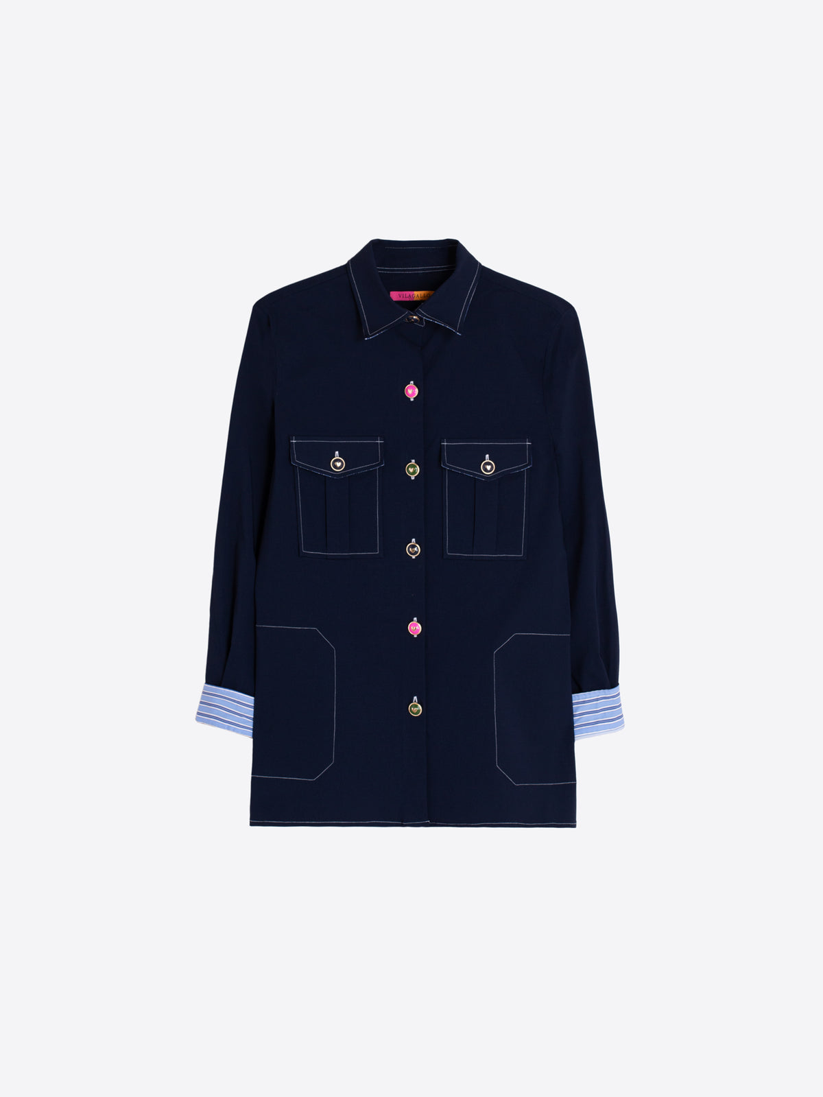 Vilagallo Frederica Navy Blue Stretch Embroidered Jacket with Colored Buttons
