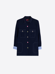 Vilagallo Frederica Navy Blue Stretch Embroidered Jacket with Colored Buttons