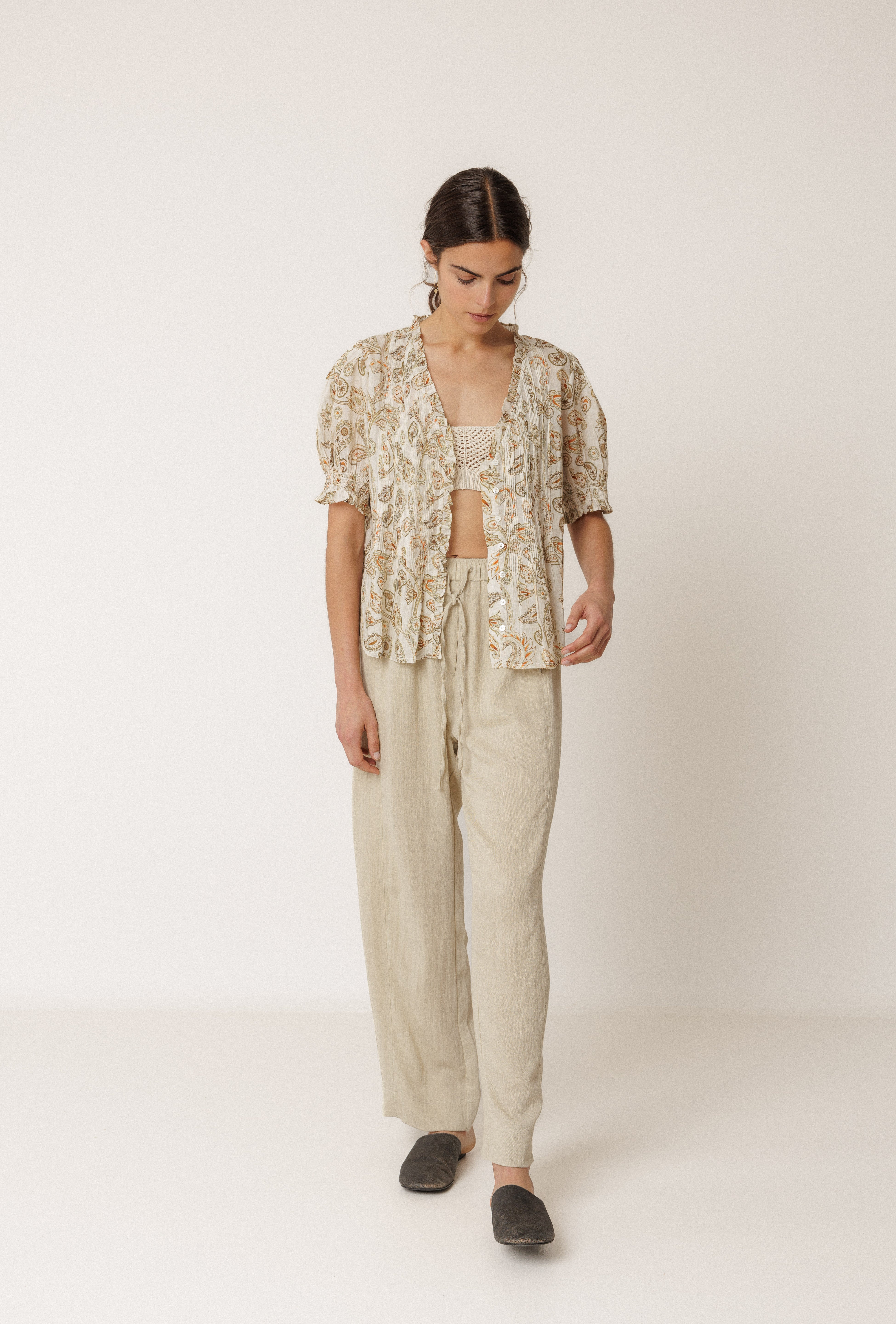 Indi & Cold Micro Ruffle Shirt Khaki