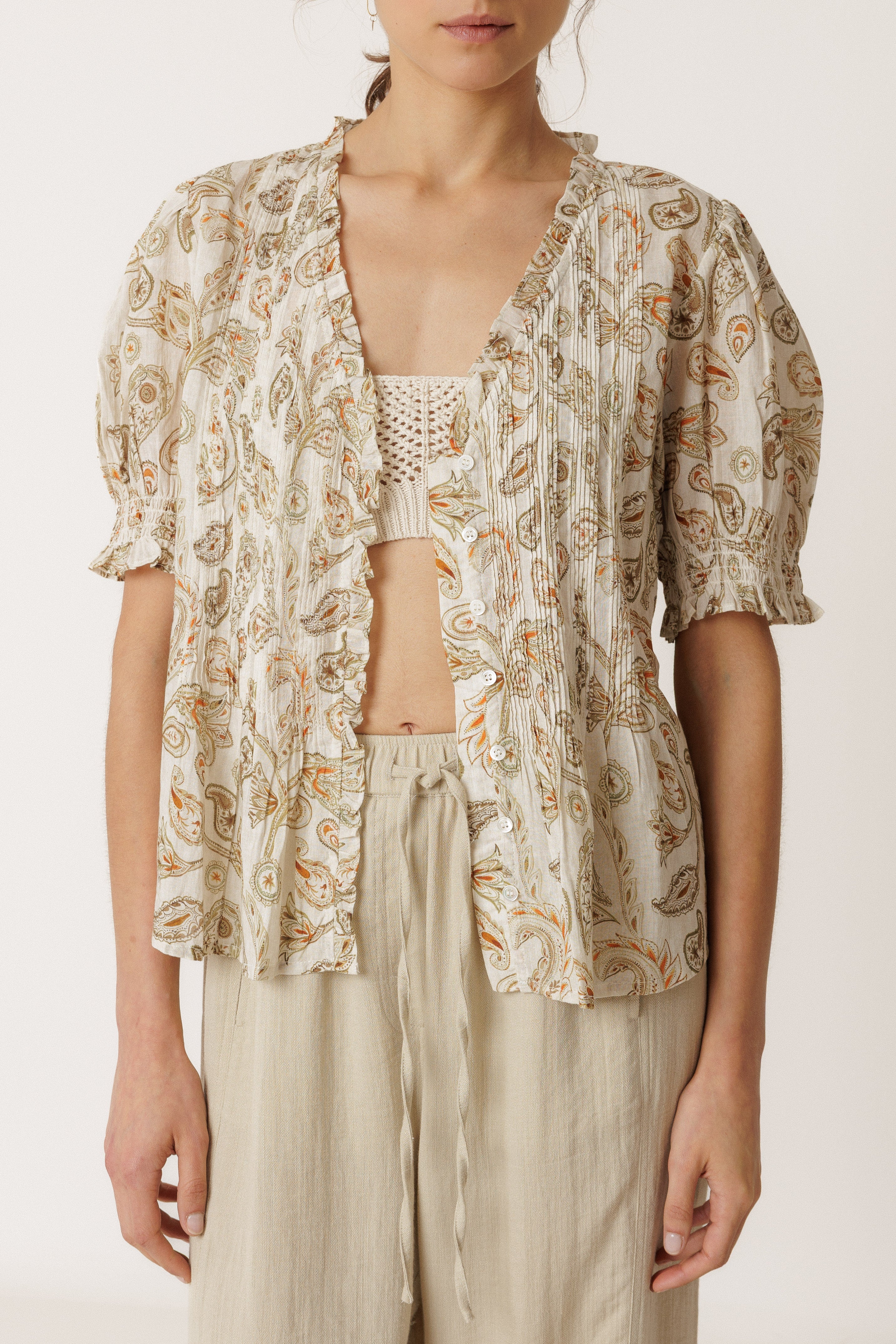 Indi & Cold Micro Ruffle Shirt Khaki
