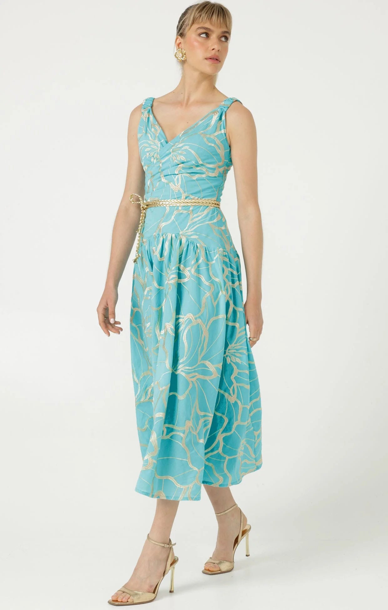 Sacha Drake Ithaca Cotton Midi Faux Wrap Dress Aqua Gold