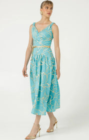 Sacha Drake Ithaca Cotton Midi Faux Wrap Dress Aqua Gold