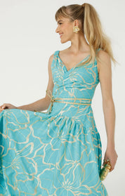 Sacha Drake Ithaca Cotton Midi Faux Wrap Dress Aqua Gold