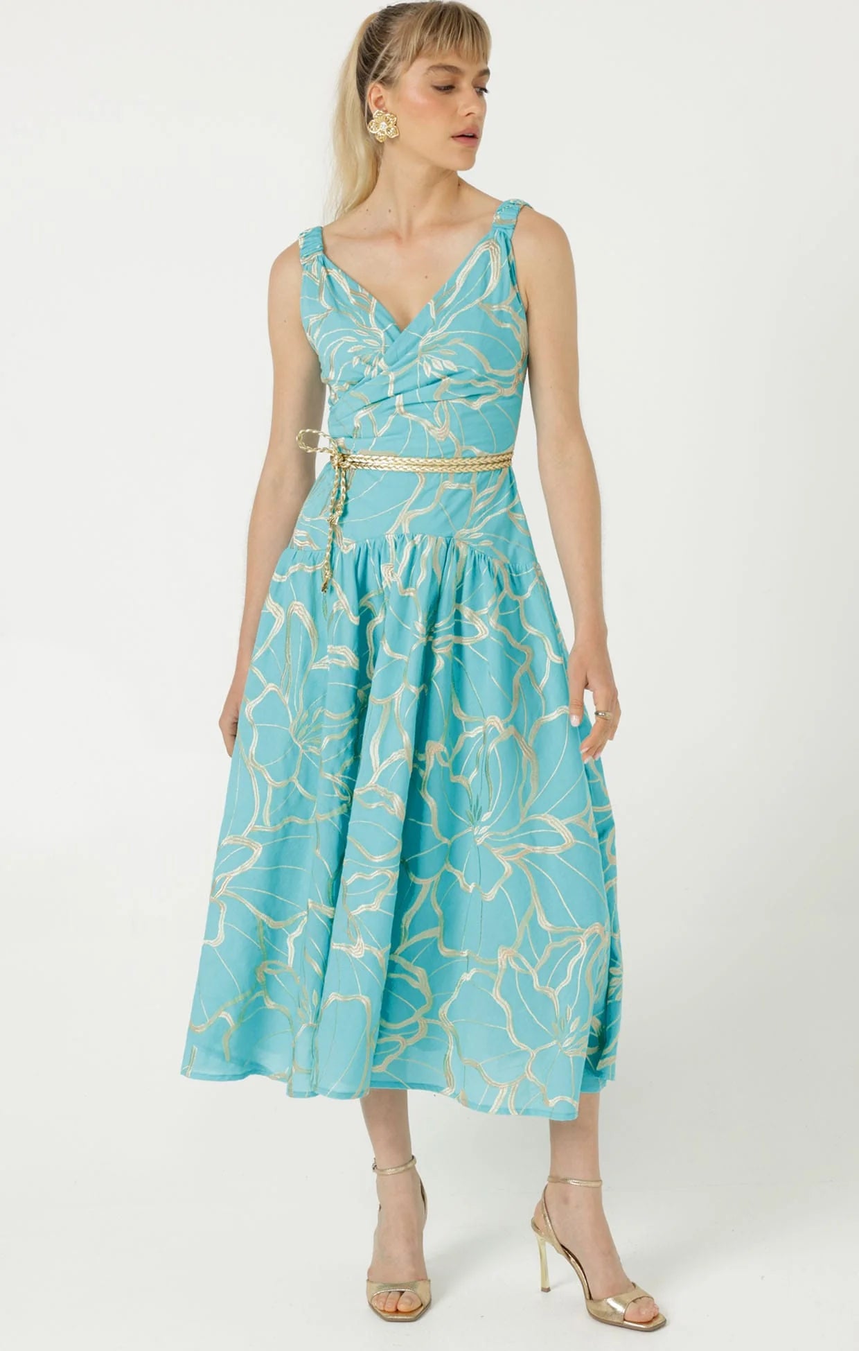 Sacha Drake Ithaca Cotton Midi Faux Wrap Dress Aqua Gold