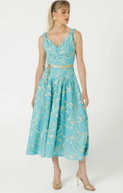 Sacha Drake Ithaca Cotton Midi Faux Wrap Dress Aqua Gold