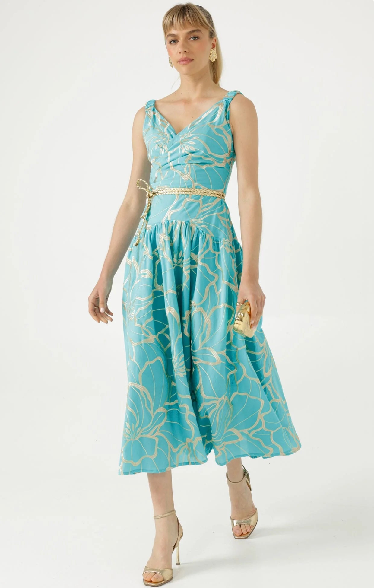Sacha Drake Ithaca Cotton Midi Faux Wrap Dress Aqua Gold