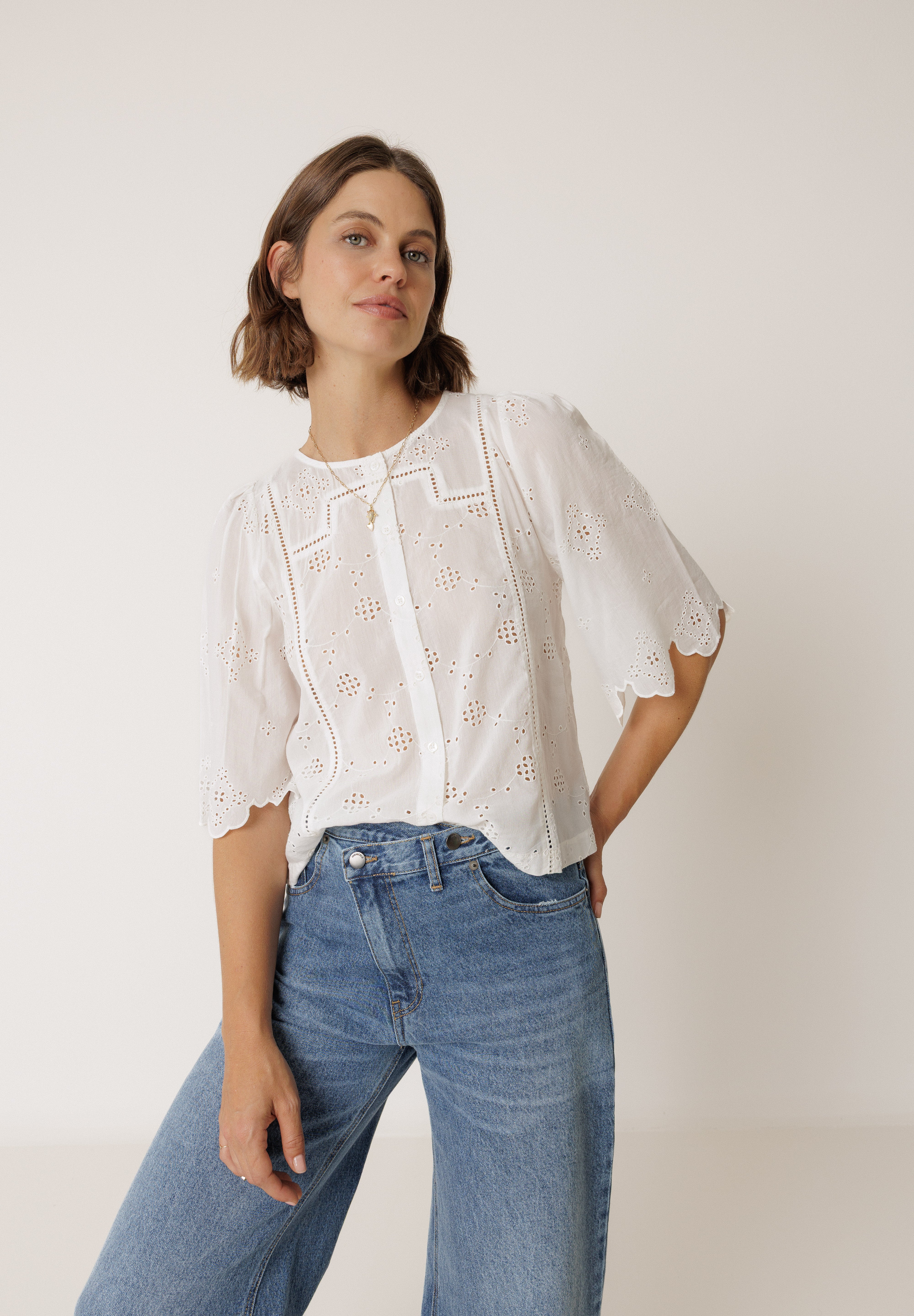 Indi & Cold Schiffli Embroidered Boxy Shirt