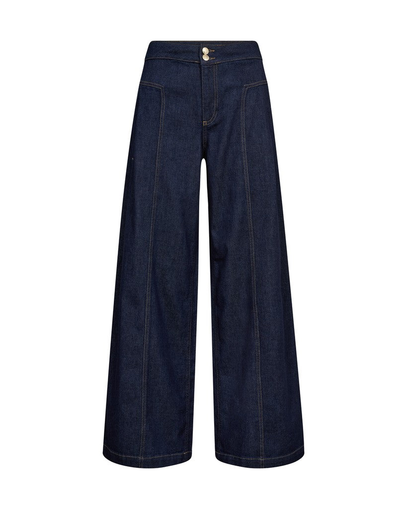 A pair of dark navy blue wide-leg denim pants with a high waist and double gold-tone buttons at the front, shown against a plain white background.