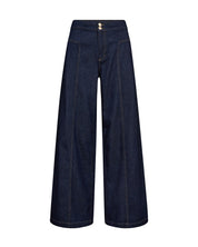 A pair of dark navy blue wide-leg denim pants with a high waist and double gold-tone buttons at the front, shown against a plain white background.