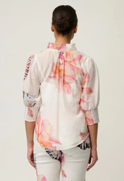 Oncewas Oleander Cotton Silk Shirred Blouse in Nautilus Bloom