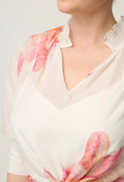Oncewas Oleander Cotton Silk Shirred Blouse in Nautilus Bloom