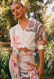 Oncewas Oleander Cotton Silk Shirred Blouse in Nautilus Bloom