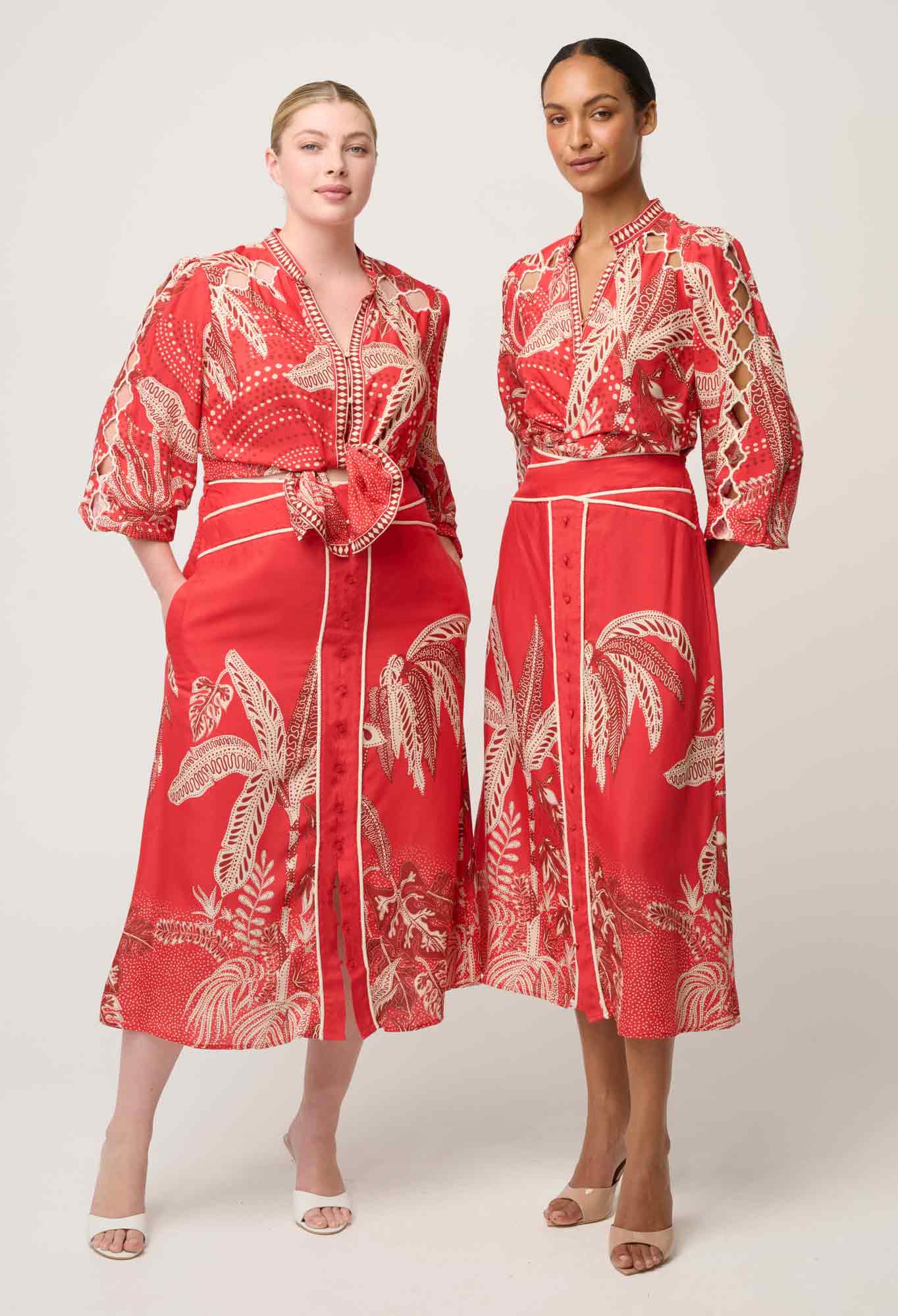 Oncewas Audrey Embroidered Viscose Faille Blouse in Crimson Palms