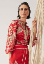 Oncewas Audrey Embroidered Viscose Faille Blouse in Crimson Palms