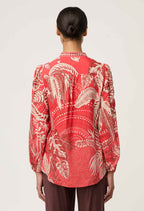Oncewas Audrey Embroidered Viscose Faille Blouse in Crimson Palms