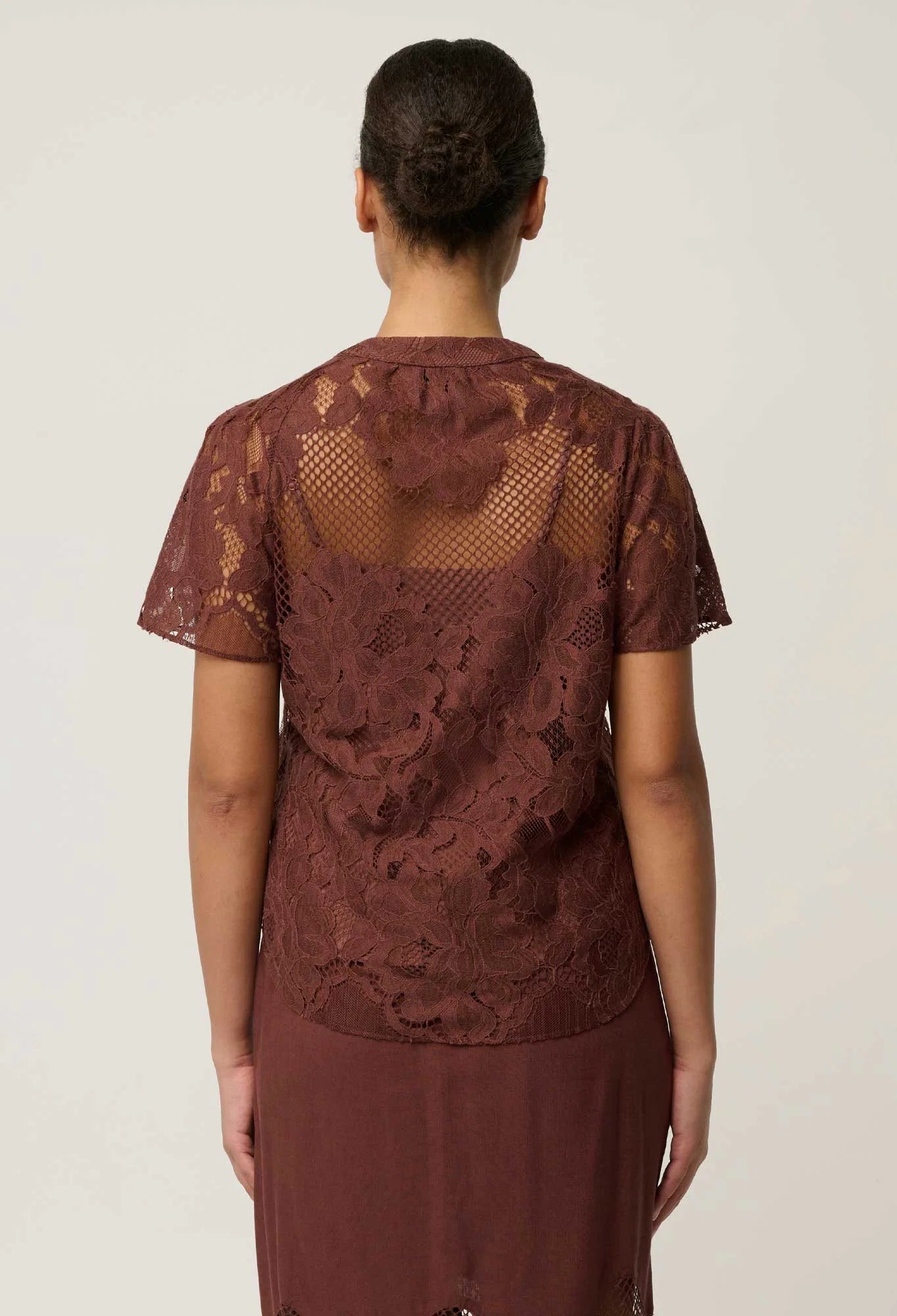 Oncewas Solene Cotton Blend Lace Short Sleeve Top in Rosewood